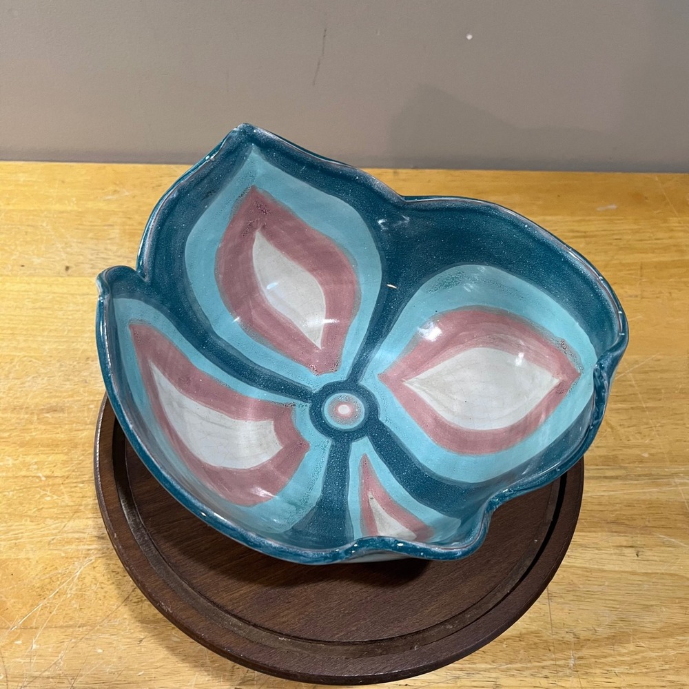 Vtg 1991 David Batz Signed Studio Pottery Bowl Postmodern Abstract Teal Pink 10"